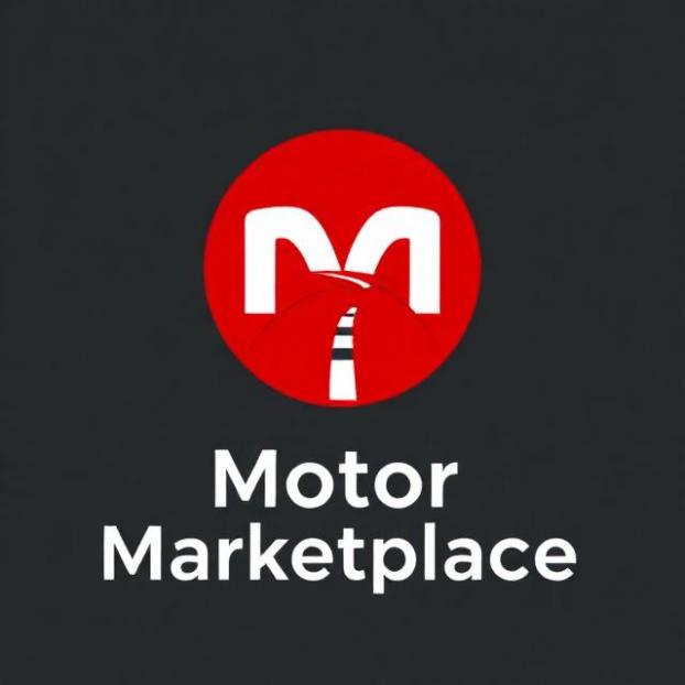 Minimal modern logo for 'Motor Marketplace' in red (#ec0004), white, and dark gray (#212121). Bold sans-serif M monogram forming a road silhouette. Clean, flat, high-contrast, suitable for website header, transparent background, 2:1 horizontal layout.